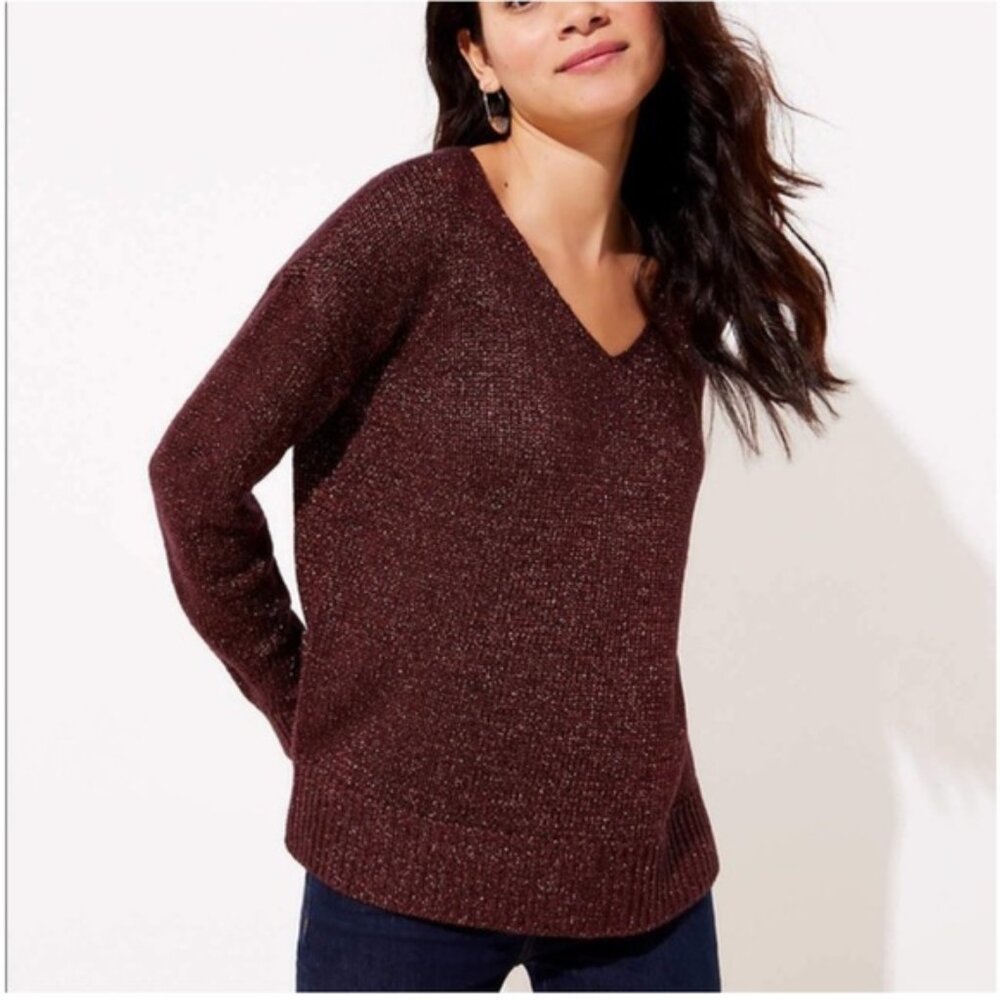 Loft Bronze Shimmer Metallic V-Neck Sweater Size S EUC